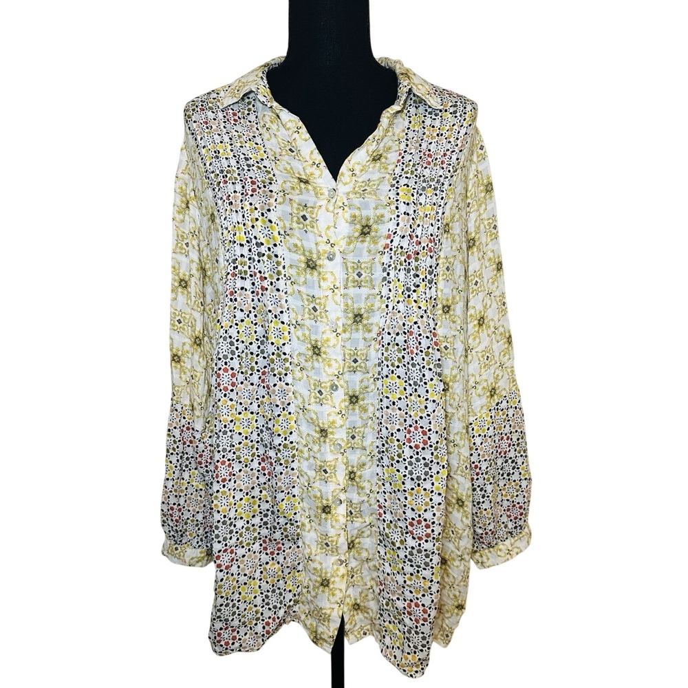 Jane & Delancey Multicolor Patchwork Boho Button Up Shirt Women's LARGE